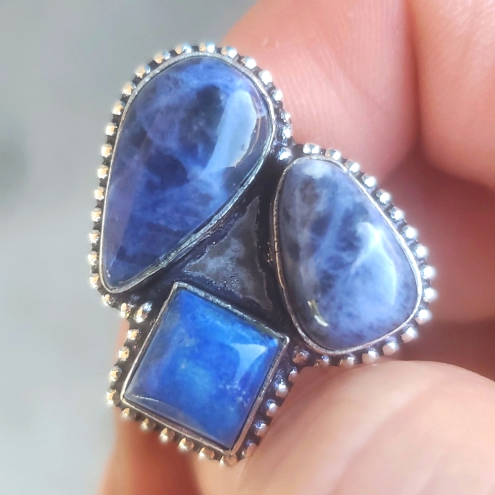 New Sodalite & Lapis Lazuli 925 Silver Ring.